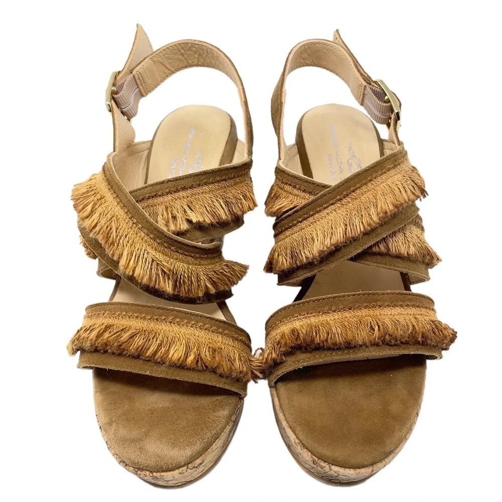 Brenda Zaro Womens Shoes 6US 36EU Tan Leather Fringe Wedge Sandals Western Boho